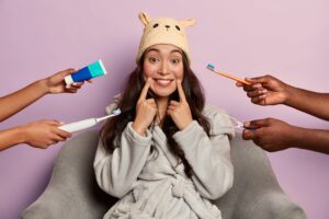 Young woman 2 weeks after her corrective jaw surgery for underbite